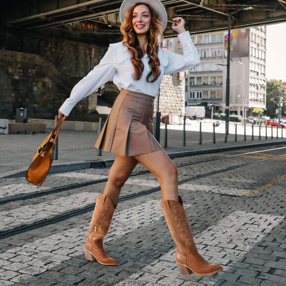 Women's Chunky Knee High Heel Western Brown Zipper Leather Embroidered Boot - Picture 5 of 7